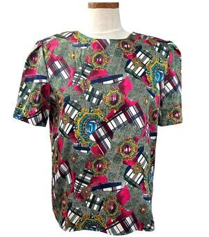 Vintage 80s Satin Gemstone Print Blouse SIZE S Laura Winston Jewel Maximalist